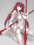  1girl alternate_color blush bodysuit breasts covered_navel fate/grand_order fate_(series) gae_bolg large_breasts long_hair looking_at_viewer mobu navel pauldrons polearm purple_hair red_eyes scathach_(fate/grand_order) smile solo spear veil very_long_hair weapon 
