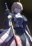  &gt;:( 1girl ahoge blue_eyes braid breastplate excalibur fate/stay_night fate_(series) gauntlets gedou_(shigure_seishin) gradient gradient_background holding light_brown_hair looking_at_viewer saber shade simple_background solo 