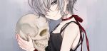  1girl bags_under_eyes camisole close-up collarbone dancho_(dancyo) earrings eyelashes from_side grey_eyes hair_over_one_eye highres holding holding_skull jewelry light_smile looking_at_viewer neck_ribbon original red_ribbon ribbon silver_hair skull solo 