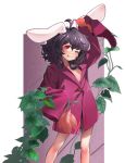  1girl ;p ahoge animal_ears bangs black_hair buttons collarbone cowboy_shot eyebrows_visible_through_hair flat_chest food holding holding_food inaba_tewi legs_apart long_sleeves looking_at_viewer naked_shirt one_eye_closed plant purple_shirt rabbit_ears radish redhead shirt short_hair sleeves_past_wrists smile solo tanuk tongue tongue_out touhou vegetable 
