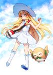  1girl bag blonde_hair braid dress duffel_bag green_eyes hat highres holding holding_poke_ball iji_(u_mayday) lillie_(pokemon) long_hair poke_ball pokemon pokemon_(creature) pokemon_(game) pokemon_sm rowlet see-through sky sleeveless sleeveless_dress smile sun_hat twin_braids white_dress white_hat 