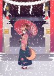  1girl animal_ears blue_eyes floral_print flower fox fox_ears fox_tail hair_flower hair_ornament heterochromia highres holding holding_umbrella japanese_clothes kimono long_sleeves looking_at_viewer orange_eyes orange_hair oriental_umbrella original rope sandals sash shimenawa short_hair snow snowing solo stairs statue tail torii tsuki_no_same umbrella watermark web_address wide_sleeves 