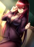  1girl alternate_costume black_legwear breasts classroom cleavage fate/grand_order fate_(series) formal glasses large_breasts long_hair looking_at_viewer meaomao pantyhose pencil_skirt pointer purple_hair red_eyes redhead scathach_(fate/grand_order) skirt skirt_suit smile solo suit teacher very_long_hair 