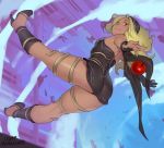  1girl apple ass blonde_hair dark_skin food fruit gravity_daze highres kitten_(gravity_daze) looking_at_viewer looking_back midair norasuko solo 