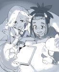  2boys bangs_pinned_back dark_skin dark_skinned_male eyebrows_visible_through_hair eyes_visible_through_hair gloves greyscale hair_ornament hair_over_one_eye hairclip hau_(pokemon) ilima_(pokemon) lying male_focus monochrome multiple_boys on_stomach partly_fingerless_gloves pointing pokemon pokemon_(creature) pokemon_(game) pokemon_sm shirt short_hair smeargle smile sweater_vest t-shirt tablet topknot trial_captain under_covers yungoos yutaka7 