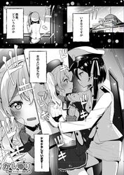  2girls against_wall beret blush breath comic earrings epaulettes eye_contact female_admiral_(kantai_collection) frilled_sleeves frills hair_ribbon hand_on_own_chest hat jewelry kantai_collection kashima_(kantai_collection) kiss koukii leg_between_thighs light_particles long_hair looking_at_another military military_uniform monochrome multiple_girls open_mouth pleated_skirt profile ribbon sidelocks skirt twintails uniform wavy_hair yuri 