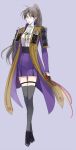  1girl armor brown_hair garters genderswap genderswap_(mtf) gloves grey_legwear heshikiri_hasebe japanese_armor nair over-kneehighs pencil_skirt ponytail skirt sock_garters sode thigh-highs touken_ranbu violet_eyes white_gloves 