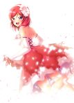  1girl :d bare_shoulders blush breasts dress elbow_gloves flower gloves hair_flower hair_ornament hairband highres large_breasts looking_back love_live! love_live!_school_idol_project nishikino_maki open_mouth petals redhead short_hair smile solo sparkle strapless strapless_dress violet_eyes yu-ta 