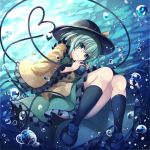  1girl aqua_eyes aqua_hair bangs black_hat black_legwear black_shoes bubble closed_mouth dress eyeball eyebrows_visible_through_hair frilled_dress frilled_sleeves frills full_body green_skirt hat hat_ribbon heart heart_of_string highres janne_cherry komeiji_koishi long_sleeves looking_at_viewer ribbon shirt shoes skirt smile socks solo third_eye touhou underwater wide_sleeves yellow_ribbon yellow_shirt 