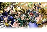  adjusting_clothes adjusting_hat anchor_symbol black_hair blonde_hair blue_eyes blue_hair brown_hair caesar_anthonio_zeppeli chains clouds dio_brando fingerless_gloves fingernails frown gakuran gloves grey_hair grin hat heart higashikata_jousuke hirose_kouichi jojo_no_kimyou_na_bouken jojo_pose jonathan_joestar joseph_joestar_(young) kira_yoshikage knife kuujou_joutarou official_art peace_symbol pin pointing pompadour pose purple_hair redhead scarf school_uniform sharp_fingernails shoulder_pads smile sparkle striped striped_scarf violet_eyes yellow_eyes 