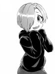  1girl greyscale hair_over_one_eye hood hood_down hoodie idolmaster idolmaster_cinderella_girls looking_at_viewer monochrome open_mouth seto_yuuki_(splinter_123) shirasaka_koume short_hair simple_background skirt sleeves_past_fingers sleeves_past_wrists smile solo upper_body 