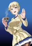  1girl absurdres blonde_hair blue_sky blush cup darjeeling dragoncastle eyebrows_visible_through_hair girls_und_panzer highres jacket open_mouth sky solo teacup teeth 