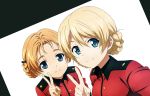  2girls cwind darjeeling dutch_angle girls_und_panzer highres multiple_girls orange_pekoe self_shot short_hair smile symbol-shaped_pupils uniform v 