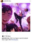  4boys ^_^ ameli-ya black_hair blonde_hair blush brown_eyes christophe_giacometti closed_eyes confetti english fake_screenshot highres instagram katsuki_yuuri male_focus multiple_boys necktie open_clothes open_mouth open_shirt phichit_chulanont pole_dancing self_shot shirt silver_hair smile stripper_pole viktor_nikiforov yaoi yuri!!!_on_ice 