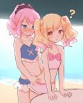  2girls :o ? aikatsu! aikatsu_stars! akeyama beach blush full-face_blush grabbing grabbing_from_behind midriff multiple_girls navel nijino_yume sakuraba_rola sand swimsuit water yuri 