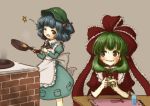  2girls ;d apron bangs blue_eyes blue_hair blush bow brick brown_background chopsticks cooking cup dress drinking_glass eyebrows eyebrows_visible_through_hair fidgeting frills front_ponytail frying_pan green_dress green_eyes green_hair hair_bobbles hair_bow hair_ornament hair_ribbon hat head_tilt holding juliet_sleeves kagiyama_hina kawashiro_nitori long_hair long_sleeves looking_at_another looking_to_the_side multiple_girls nervous nervous_smile one_eye_closed open_mouth playing_with_own_hair pocket puffy_short_sleeves puffy_sleeves red_bow red_dress red_ribbon ribbon ribbon_trim short_sleeves simple_background smile smoke standing star stove sweat sweatdrop tikano tokin_hat touhou two_side_up waist_apron 