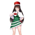  &gt;;) 1girl ;) braid christmas christmas_dress deneb_(noble324) dress fur_trim glasses gloves green-framed_eyewear hanasaki_tomoyo_(uchi_no_hime-sama) hand_on_hip hand_on_own_chest hat long_hair looking_at_viewer official_art one_eye_closed red_eyes red_gloves red_hat smile solo transparent_background uchi_no_hime-sama_ga_ichiban_kawaii wings 