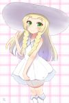  1girl blonde_hair braid dress green_eyes hat highres lillie_(pokemon) long_hair nayuhi_(yukimuu14) pokemon pokemon_(game) pokemon_sm see-through sleeveless sleeveless_dress smile solo sun_hat twin_braids white_dress white_hat 