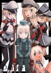  5girls :d ahenn anchor_hair_ornament bismarck_(kantai_collection) black_gloves black_legwear blue_eyes brown_gloves c: capelet chair cover cover_page detached_sleeves doujin_cover dual_persona flower garrison_cap germany gloves graf_zeppelin_(kantai_collection) grey_eyes hair_flower hair_ornament hat highres iron_cross kantai_collection light_brown_hair multiple_girls nervous open_mouth pale_skin pantyhose peaked_cap pleated_skirt prinz_eugen_(kantai_collection) ro-500_(kantai_collection) school_swimsuit school_uniform serafuku silver_hair sitting skirt smile snorkel sweat swimsuit swimsuit_under_clothes tan tanline translation_request twintails u-511_(kantai_collection) wavy_mouth 