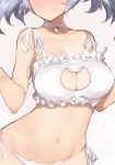  1girl animal_ears bell bell_choker blush bra breasts cat_cutout cat_ear_panties cat_ears cat_lingerie choker cleavage cleavage_cutout close-up collarbone frills full-face_blush garters granblue_fantasy hands_up head_out_of_frame highres hips jingle_bell large_breasts lavender_hair navel panties paw_pose side-tie_panties smile solo sophia_(granblue_fantasy) underwear underwear_only white_bra white_panties yaman_(yamanta_lov) 