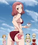  4girls ass ass_tattoo assam bikini blonde_hair blue_eyes braid breasts choker cleavage closed_eyes clouds cloudy_sky commentary cup darjeeling day flower from_behind girls_und_panzer hair_ribbon holding inoshira long_hair looking_back multiple_girls one-piece_swimsuit open_mouth orange_pekoe purple_bikini red_bikini red_eyes red_swimsuit redhead ribbon rose rosehip saucer short_hair sideboob sky smile strapless strapless_swimsuit swimsuit tattoo teacup 