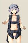  1girl bangs beige_background bikini blush brown_eyes cowboy_shot eyebrows_visible_through_hair front-tie_bikini front-tie_top goggles goggles_on_head grey_hair hair_flaps harness idolmaster idolmaster_cinderella_girls iwasaki_takashi koshimizu_sachiko micro_bikini navel purple_bikini short_hair smile solo sweatdrop swimsuit tears trembling wavy_mouth 