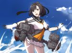  1girl absurdres akizuki_(kantai_collection) black_gloves black_hair chou-10cm-hou-chan clouds corset cowboy_shot eyebrows_visible_through_hair gloves grey_eyes hachimaki hair_ornament headband highres kantai_collection multicolored_gloves neckerchief open_mouth ponytail school_uniform serafuku short_sleeves skirt sky solo splashing turtleneck white_gloves xiu_jiayihuizi 