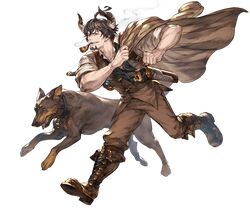  1boy ahoge barawa beard boots brown_eyes brown_hair dog doraf facial_hair granblue_fantasy gun horns minaba_hideo official_art open_mouth pipe pipe_in_mouth smoking solo teeth tongue transparent_background weapon 