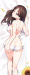  1girl ass bare_shoulders bikini blue_eyes breasts brown_hair butt_crack dakimakura dimples_of_venus flower girls_und_panzer hand_on_own_ass long_hair medium_breasts nonna petals side-tie_bikini sideboob solo ssberit sunflower swimsuit untied untied_bikini white_bikini 