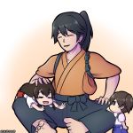  1boy 2girls akagi_(kantai_collection) blue_hair brown_eyes brown_hair commentary genderswap genderswap_(ftm) hakama_pants houshou_(kantai_collection) kaga_(kantai_collection) kantai_collection multiple_girls ponytail rukotaro side_ponytail younger 