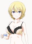  1girl blue_eyes bra breasts cleavage cup darjeeling girls_und_panzer highres large_breasts light_blush mattsun_(choro57) partially_undressed smile solo teacup underwear white_background 