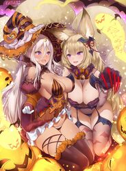  &gt;:d 2girls :d absurdres animal_ears animal_print artist_name asherah_(sennen_sensou_aigis) bat bat_print black_legwear blonde_hair blush breasts cleavage detached_sleeves fang fur-trimmed_legwear fur_trim ghost gloves hair_between_eyes halloween hat highres jack-o&#039;-lantern kayou_(sennen_sensou_aigis) large_breasts long_hair long_nails mole mole_on_breast multiple_girls nail_polish navel open_mouth paw_gloves red_nails sennen_sensou_aigis silver_hair smile star thigh-highs very_long_hair violet_eyes wavy_mouth white_gloves witch_hat wolf_ears yaman_(yamanta_lov) 