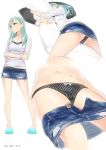  1girl 2016 ama_mitsuki aqua_eyes aqua_hair ass bare_legs black_panties blush body_pillow bow bow_panties bracelet collarbone commentary_request crossed_arms dated denim denim_skirt hair_ornament hairclip jewelry kantai_collection long_hair long_sleeves lying miniskirt multiple_views navel on_side open_clothes open_mouth open_skirt panties pillow pillow_hug shirt signature simple_background skirt skirt_pull slippers standing striped suzuya_(kantai_collection) underwear upskirt vertical-striped_panties vertical_stripes white_background white_shirt 