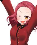  1girl ;d arms_up blush fang girls_und_panzer messy_hair one_eye_closed open_mouth pink_hair rosehip short_hair smile solo vladimir_(s6300141) white_background yellow_eyes 