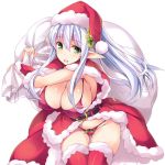  1girl arm_warmers belt bikini blush brave_girl_ravens breasts christmas coat erect_nipples fur_trim green_eyes hair_ornament hat large_breasts long_hair open_clothes open_coat open_mouth original pointy_ears ponytail red_bikini red_legwear sack santa_hat shimakaze silver_hair simple_background smile solo swimsuit thigh-highs white_background 