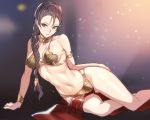  1girl alternate_costume arm_support ban bikini braid breasts cleavage earrings jewelry looking_at_viewer lying metal_bikini navel on_side pelvic_curtain princess_leia_organa_solo revealing_clothes sitting slave solo star_wars stomach swimsuit yokozuwari 