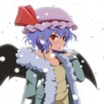  1girl :o alternate_costume bat_wings casual cato_(monocatienus) coat contemporary hat looking_at_viewer mob_cap purple_hair red_eyes remilia_scarlet short_hair snowing solo spaghetti_strap touhou wavy_hair wings winter_clothes winter_coat 