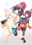  1girl bag bangs bare_legs beanie black_hair blue_eyes blush cat female_protagonist_(pokemon_sm) floral_print foreshortening full_body green_shorts handbag hat highres litten mitsurugi_aoi open_mouth outstretched_arm pokemon pokemon_(creature) pokemon_(game) pokemon_sm polka_dot polka_dot_background red_hat shirt shoes short_hair short_shorts short_sleeves shorts sneakers swept_bangs t-shirt throwing_poke_ball tied_shirt twitter_username z-ring 