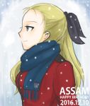  1girl 2016 assam black_bow blonde_hair bow character_name dated english girls_und_panzer happy_birthday mutsu_(layergreen) ponytail profile scarf smile snow solo winter 