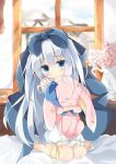  1girl bed_sheet blue_eyes blush commentary_request eyebrows_visible_through_hair flower hair_ribbon head_tilt indoors kushida_you long_hair looking_at_viewer original pillow ribbon silver_hair sitting solo stuffed_animal stuffed_bunny stuffed_toy vase wariza window 