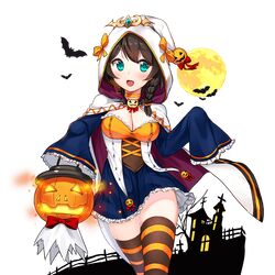  1girl aqua_eyes bat blonde_hair braid breasts cape choker cleavage deneb_(noble324) full_moon halloween halloween_costume hanasaki_(uchi_no_hime-sama) holding hood jack-o&#039;-lantern long_sleeves moon official_art open_mouth skirt sleeves_past_wrists solo striped striped_legwear thigh-highs transparent_background uchi_no_hime-sama_ga_ichiban_kawaii 