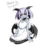  1girl :d apron black_legwear black_sclera blue_skin blush demon_girl demon_wings devil_(monster_girl_encyclopedia) english eyebrows_visible_through_hair flat_chest frilled_apron frills full_body hand_on_lap head_wings heart_apron looking_at_viewer monster_girl_encyclopedia naked_apron nav neck_ribbon open_mouth petite pointy_ears purple_hair red_eyes ribbon seiza short_hair simple_background sitting smile solo thigh-highs twintails white_apron white_background wings wrist_cuffs 