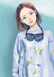  1girl absurdres blue_background brown_eyes brown_hair closed_mouth eyebrows floral_print forehead goggles goggles_around_neck head_tilt highres junjunforever long_sleeves looking_at_viewer no_bangs original shirt short_hair simple_background smile solo white_shirt 