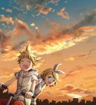  1boy 1girl :d bicycle blonde_hair closed_eyes clouds cloudy_sky condensation_trail evening green_eyes ground_vehicle hair_ornament hairband hairclip happy highres hood hood_down hoodie kagamine_len kagamine_rin kikuratama open_mouth outdoors pants riding short_hair short_sleeves siblings sky smile sunset vocaloid wristband 