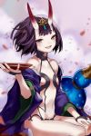 1girl alcohol breasts cup eredhen eyebrows eyebrows_visible_through_hair fate/grand_order fate_(series) forehead_jewel gourd hand_on_lap horns japanese_clothes jewelry kimono kneeling looking_at_viewer navel oni oni_horns open_mouth petals purple_hair sakazuki sake short_hair shuten_douji_(fate/grand_order) sitting small_breasts smile solo violet_eyes 
