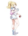  1girl ass backpack bag bangs blonde_hair blunt_bangs braid french_braid genzoman green_eyes high_ponytail lillie_(pokemon) long_hair looking_at_viewer miniskirt open_mouth pleated_skirt poke_ball pokemon pokemon_(game) pokemon_sm shoes short_sleeves simple_background skirt socks solo white_background white_legwear white_shoes white_skirt 