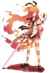  1girl :/ badge black_shoes breasts button_badge choker collarbone flaming_hair frown full_body gen&#039;ei_wo_kakeru_taiyo gloves hair_over_one_eye hair_ribbon highres holding holding_sword holding_weapon looking_away magical_girl mary_janes medium_breasts necktie one_side_up orange_hair panikuru_yuuto pool_of_blood red_eyes red_skirt ribbon ripples shoes simple_background skirt solo sparkle standing striped striped_legwear striped_necktie striped_ribbon sword taiyou_akari tarot thigh-highs weapon white_background white_gloves zettai_ryouiki 