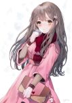  1girl artist_name bag bangs blush breath brown_eyes brown_hair coat fringe hair_ornament hairpin hand_up handbag holding_bag long_hair looking_at_viewer mittens original parted_lips pink_coat red_scarf scarf signature smile snow solo sweater yumaomi 