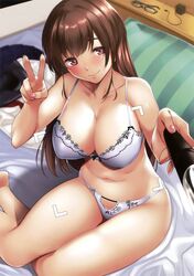  1girl bed blush bra breasts glasses highres large_breasts long_hair self_shot solo tomohiro_kai toranoana underwear 