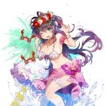  1girl bikini bracelet breasts choker crab droplets floating_hair flower flower_wreath frilled_bikini frills green_eyes hair_flower hair_ornament jewelry large_breasts leg_garter long_hair navel necklace official_art open_mouth purple_hair ruka_fuuun sarong solo splashing sukja swimsuit transparent_background uchi_no_hime-sama_ga_ichiban_kawaii water wince 